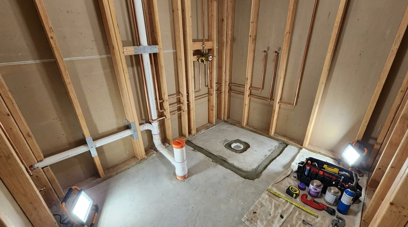 Bathroom rough-in plumbing during remodel by Johns Plumbing LLC in Ringwood