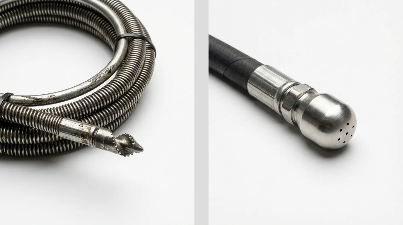 Drain snake cable and hydro jetting nozzle used for drain cleaning in Ringwood, NJ