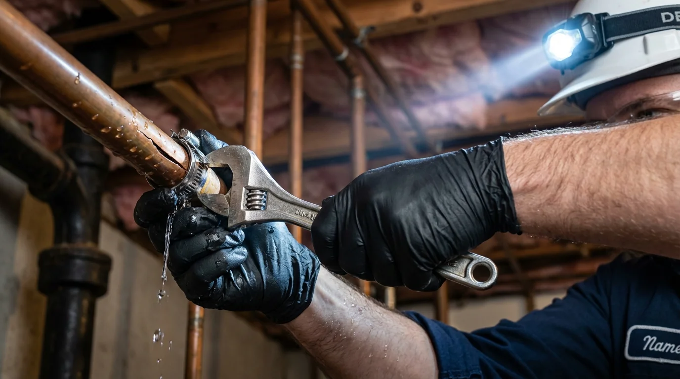 Emergency pipe clamp repair being performed by a Johns Plumbing LLC plumber in Ringwood