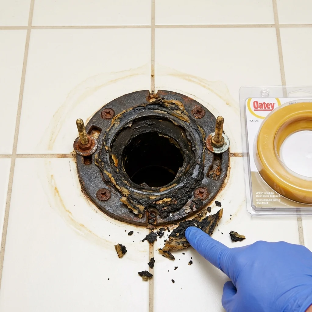 Failed wax ring showing water seepage at the base of a toilet in a Ringwood, NJ home