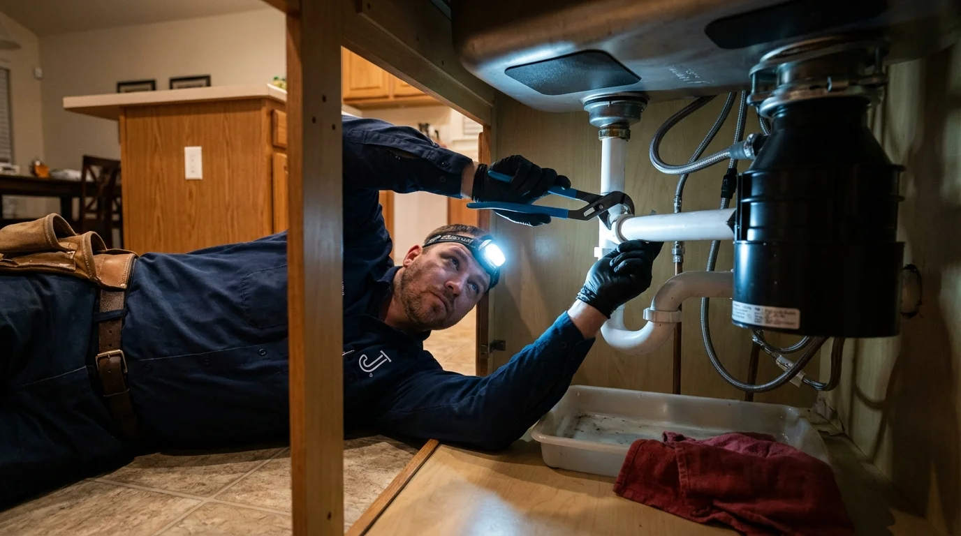 P-trap and supply line connections under a kitchen sink showing a common leak point in Ringwood, NJ